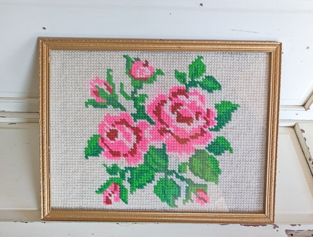 Vintage Pink Floral Needlepoint Wall Hanging Etsy