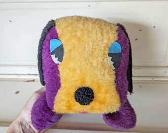 Large Vintage Plush Dog | Yellow and Purple Stuffed Dog | Vintage Carnival Toy Dog