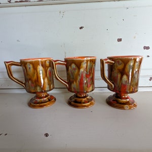 Vintage Seventies Coffee Mugs Pedestal Brown and Orange Splatter Design Ceramic Coffee Cups image 7