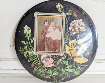 Antique Celluloid Victorian Photo Button | R.B. Schiefner Floral Picture