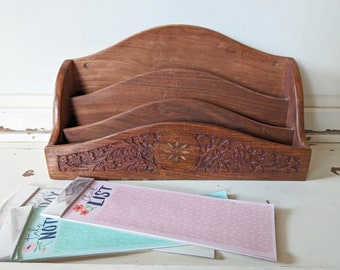 Vintage Carved Bohemian Office Organizer | Wooden Letter Holder