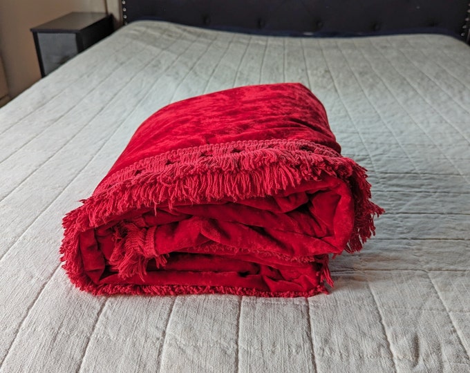 Vintage Ruby Red Crushed Velvet Bedspread With Fringe Retro Velvet