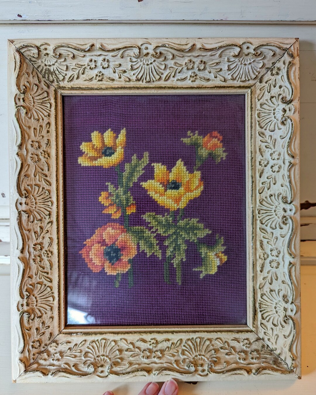 Vintage Framed Floral Needlepoint Wall Hanging Etsy