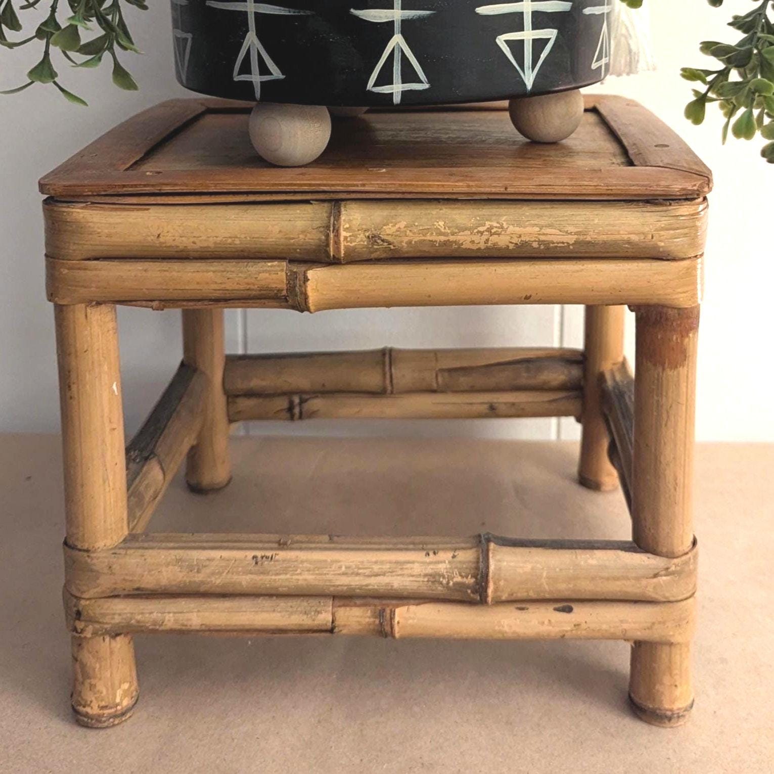 Vintage Plant Stand Small Bamboo Stool Indoor Plant Holder Eco-Friendly Boho Style Home Decor Gift for Plant Lover