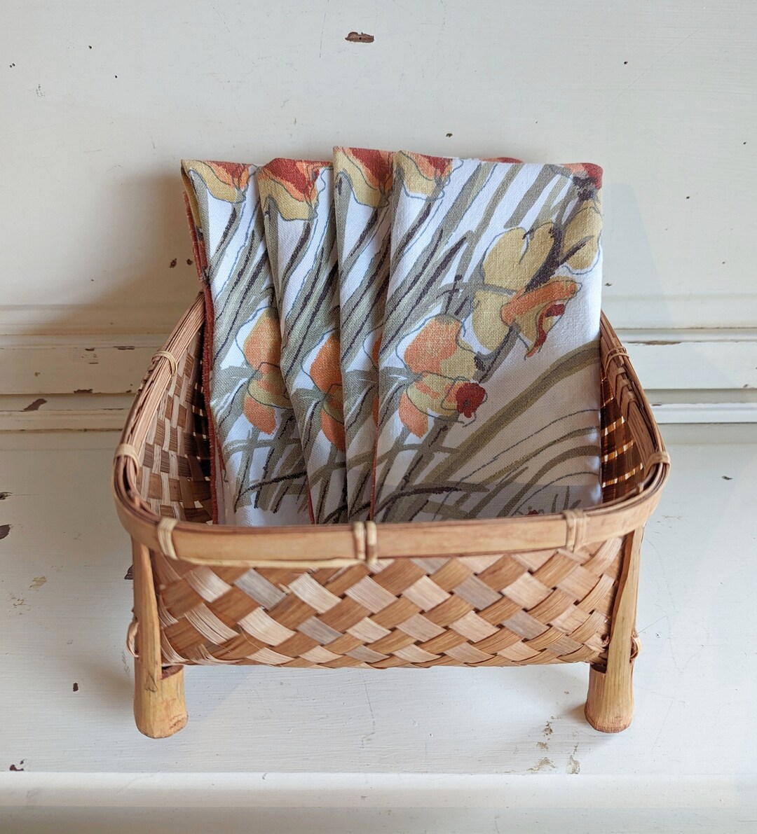 Vintage Square Basket With Feet Rattan Footed Basket Etsy