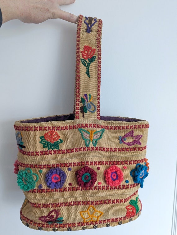 Vintage Crewel Embroidered Handbag With Wooden Bot
