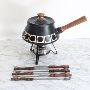 Mid-Century Fondue Set, Vintage 1960s Black Graphic Fondue Pot Complete 9 Piece Set with Wood Handles