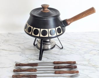 Vintage Mid-Century Fondue Set - MCM Graphic Imperial Japan 9-Piece Set with Wood Handles