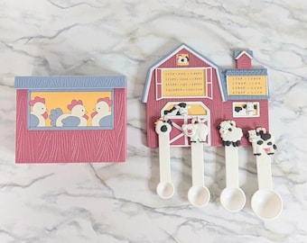 Vintage Avon Kitchen Set Down on the Farm Barn Measuring Spoon and Chicken Coop Recipe Box