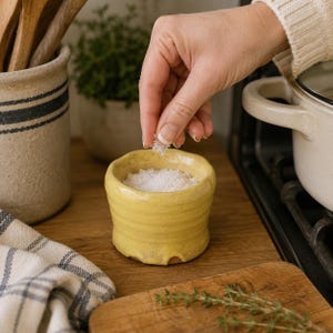 May include: A small, cylindrical, yellow ceramic salt cellar with a textured, slightly uneven rim and a glossy finish, filled with coarse white sea salt crystals. The vessel has a wide opening and a slightly flared base, sitting on a wooden surface.