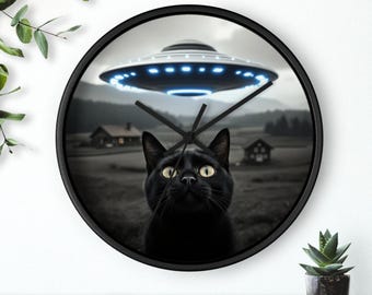Cat and UFO Wooden Wall Clock: Whimsical Home Decor