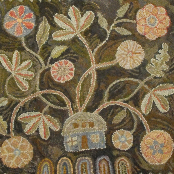 A Cottage Garden//House and Floral rug hooking PATTERN ONLY designed by Karen Kahle printed on primitive linen//floral//house