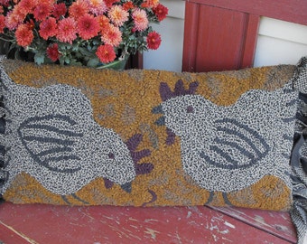 Feathered Friends Pillow rug hooking PATTERN ONLY designed by Karen Kahle printed on linen//easy finishing directions included//chickens