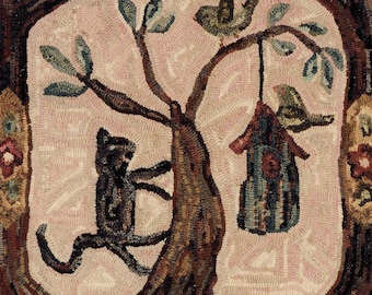 Curious Cat rug hooking PATTERN ONLY on bleach primitive linen//animal design by Karen Kahle//cat, bird, birdhouse