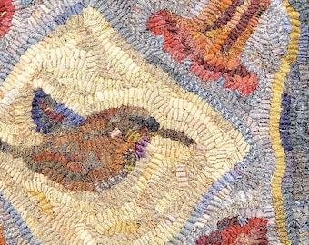 Trumpet Vine Pattern instant PDF for rug hooking and punchneedle embroidery//hummingbird floral design by Karen Kahle