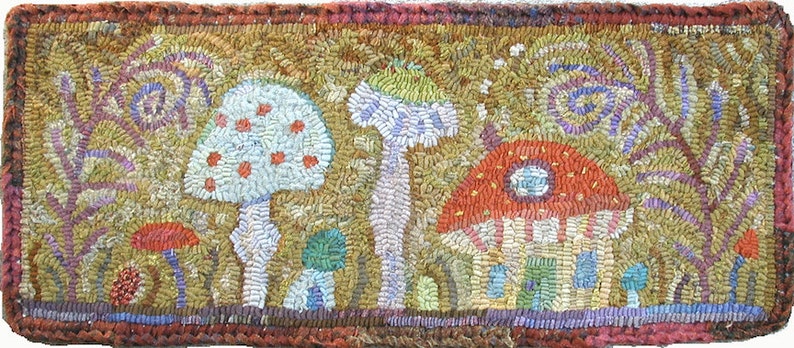 Mushroom houses//Tiny Places Pattern PDF for rug hooking and punchneedle embroidery//primitive whimsical flora and fauna image 1