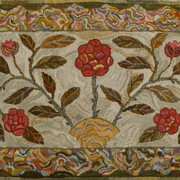 Jane Austen rug hooking PATTERN ONLY printed on linen//old fashioned rose//mosaic border designed by Karen Kahle