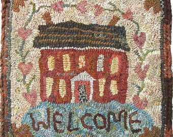 Mossy Hill rug hooking pattern on linen//housewarming home on a hill