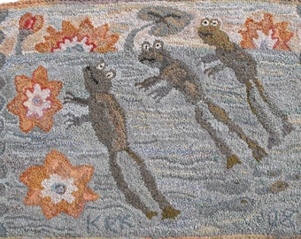 Waterlilies rug hooking patterns/PATTERN ONLY printed on linen design by Karen Kahle//frogs