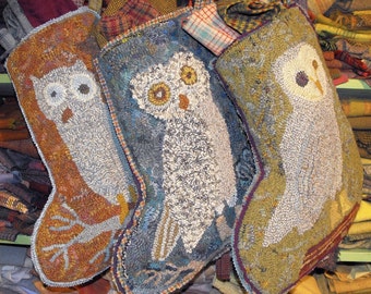 3 Owl Stockings designs rug hooking PATTERN ONLY printed on linen//holiday ornaments//Christmas//Fall Halloween