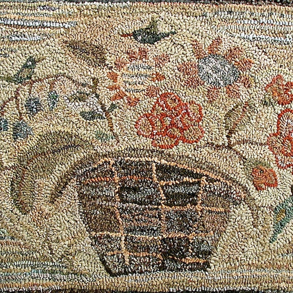 Summer Basket in 2 sizes rug hooking PATTERN ONLY designed by Karen Kahle on linen//primitive basket of flowers hummingbird sunflowers