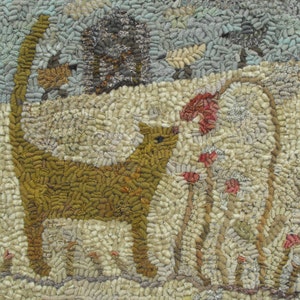 May include: A brown cat with a long tail is looking at a red flower. The cat is standing on a white background with green plants and a small brown house in the background.
