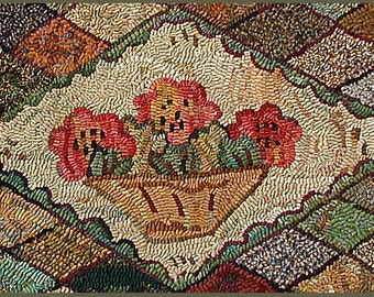 Three Camellias rug hooking PATTERN ONLY designed by Karen Kahle printed on primitive linen//floral//geometric//basket