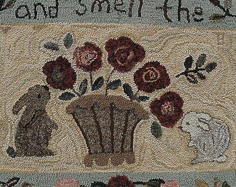 Roses and Bunnies rug hooking PATTERN ONLY designed by Karen Kahle printed on primitive linen/Stop And Smell The Roses/vintage look basket