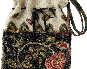 Moss Rose Bag rug hooking PATTERN ONLY on unbleached primitive linen//complete instructions for finishing into double sided bag//potted rose