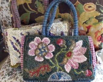 Hooked Purse in 3 floral designs rug hooking PATTERN ONLY on linen designed by Karen Kahle//lavender//peony//sunflower bees 3 dimensional