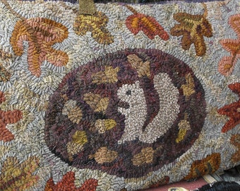 Gathering rug hooking PATTERN ONLY printed on linen//squirrel Fall Autumn leaves  nuts//Primitive Spirit