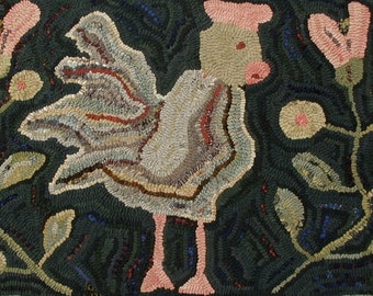 Chicken In The Garden rug hooking PATTERN ONLY on bleached primitive linen//animal//floral