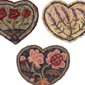 3 Botanical Hearts PDF Pattern Set for rug hooking and punchneedle embroidery//lavender rose peony floral designs//designed by Karen Kahle image 2