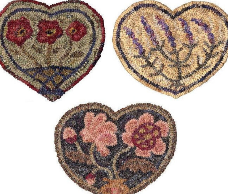 3 Botanical Hearts PDF Pattern Set for rug hooking and punchneedle embroidery//lavender rose peony floral designs//designed by Karen Kahle image 2