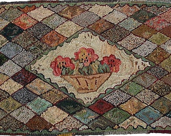 Compote With Camellias floral rug hooking PATTERN ONLY on linen//geometric diamonds//design by Karen Kahle