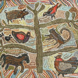May include: A colorful rug with a tree in the center and various animals around it, including a pig, a squirrel, a bird, a rooster, and a horse. The rug is made of wool and has a rustic, folk art style.