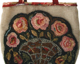 Rose Tote Bag rug hooking PATTERN ONLY printed on unbleached primitive linen//bag pattern by Karen Kahle//basket of roses