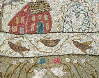 Sweet Bower rug hooking PATTERN ONLY designed by Karen Kahle printed on linen//saltbox house//arbor, birds and garden