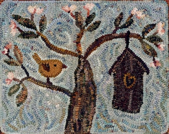 Almond Blossoms rug hooking PATTERN ONLY on linen designed by Karen Kahle//baby bird and birdhouse//almond tree