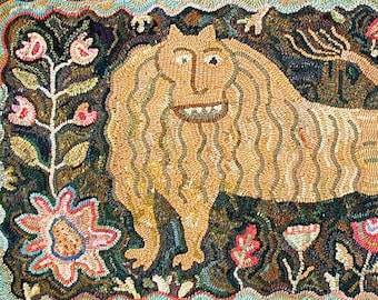 Antique Lion rug hooking PATTERN ONLY printed on unbleached linen//designed by Karen Kahle//garden floral animal rug