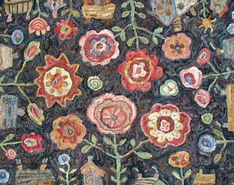 Flowerbox in 2 sizes rug hooking PATTERN ONLY on linen//houses and flowers//floral landscape design by Karen Kahle