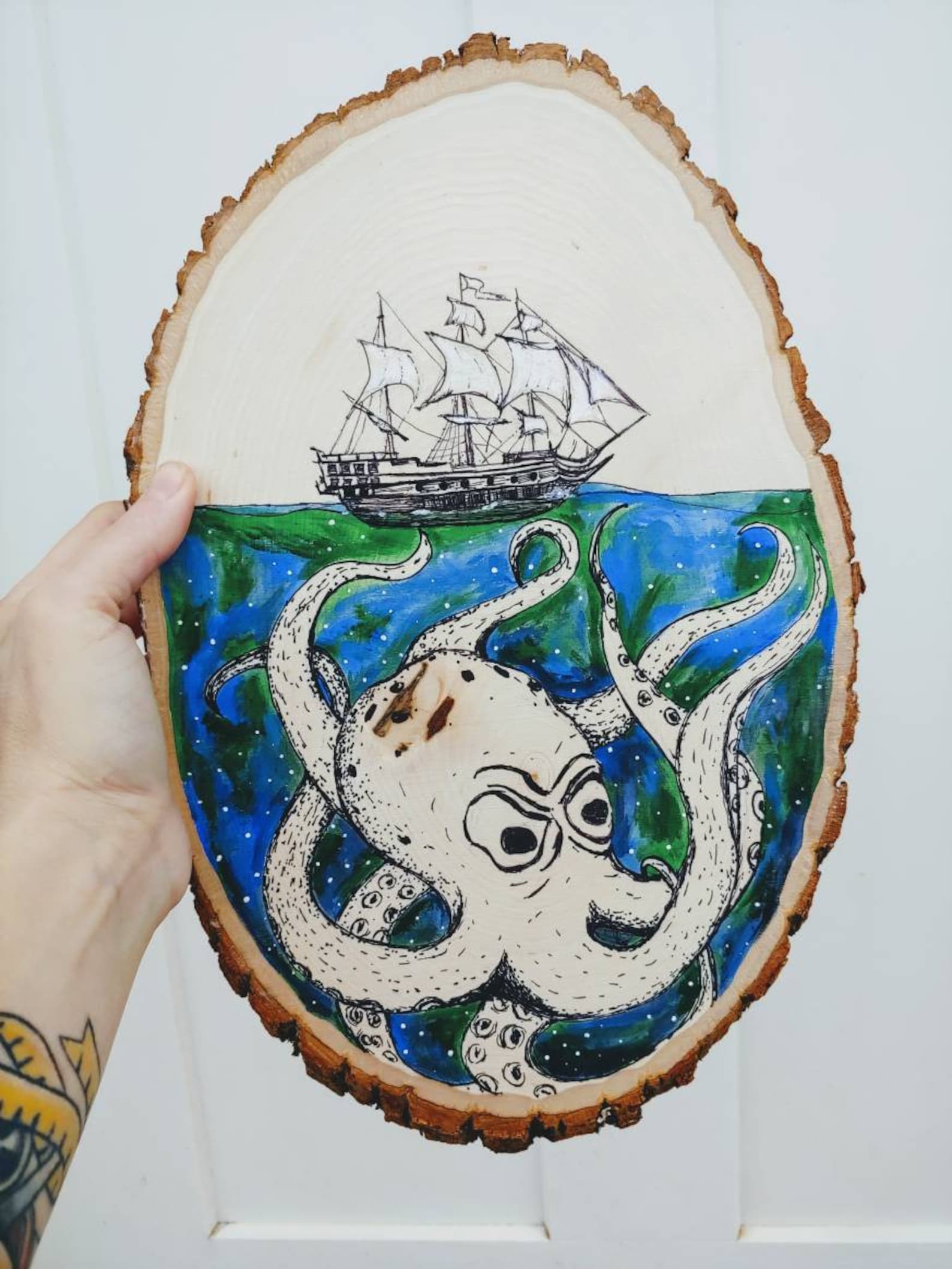 Kraken art original painting on wood slice Etsy