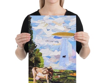 Cow abduction - print from original collage art Poster