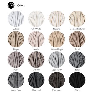 May include: A color chart featuring sixteen circular swatches of braided cord in various shades including white, off white, natural, golden natural, beige, nude, warm beige, sand, pearl, coffee, light grey, steel, stone grey, charcoal, espresso, and black.