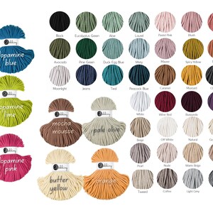 May include: A color chart of macrame cord in various shades, including black, green, blue, pink, and yellow. The chart displays individual color samples, with some labeled "dopamine blue," "dopamine lime," and "dopamine pink."