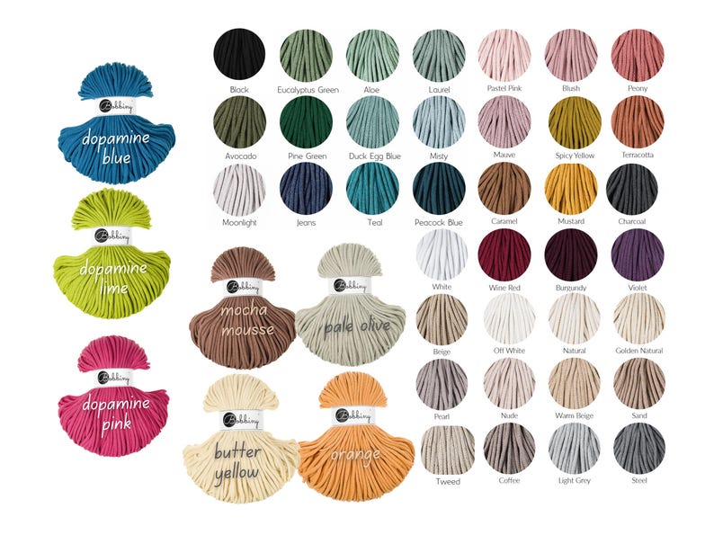 May include: A color chart of macrame cord in various shades, including black, green, blue, pink, and yellow. The chart displays individual color samples, with some labeled "dopamine blue," "dopamine lime," and "dopamine pink."