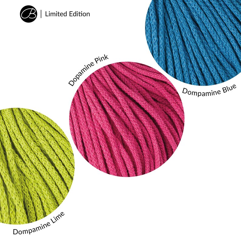 May include: Three circular swatches of braided cord in lime green, hot pink, and bright blue. The text reads Limited Edition, Dopamine Pink, Dompamine Blue, and Dompamine Lime. The cords feature a textured, woven appearance with distinct color.