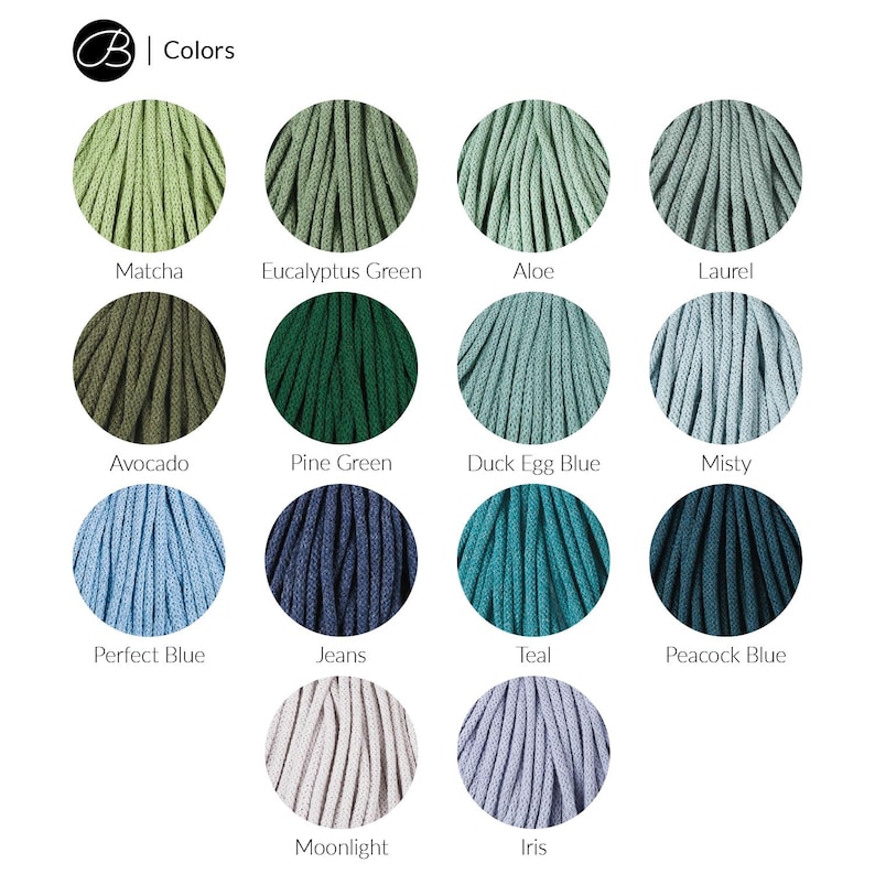 May include: A color chart featuring 15 different shades of yarn. Colors include Matcha, Eucalyptus Green, Aloe, Laurel, Avocado, Pine Green, Duck Egg Blue, Misty, Perfect Blue, Jeans, Teal, Peacock Blue, Moonlight, and Iris.