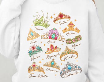 Disney Princess Crowns Sweatshirt, Ariel Elsa Belle Tiara Crewneck, Royal Disney Matching Shirt, Comfort Colors Disney Trip Pullover