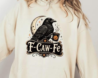 Funny Raven Coffee Sweatshirt, F Caw Fe Halloween Sweater, Gothic Crow Coffee Lover Hoodie, Comfort Colors Dark Academia Fall Tee for Women